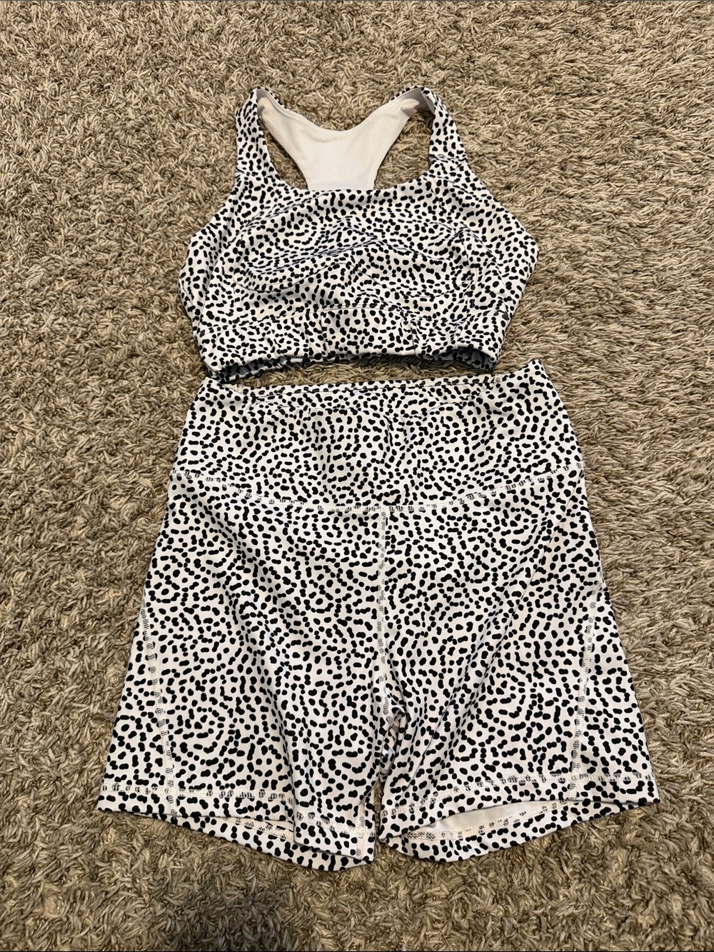 Black & White Dotted Athletic Set - Crop Sports Bra + High-Waist Biker Shorts